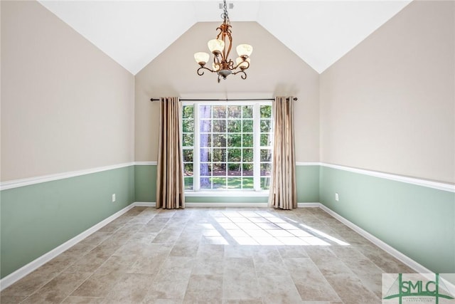 153 Fire Thorn Ln, Pooler, GA 31322 - unfurnished room with an inviting chandelier, baseboards, and high vaulted ceiling