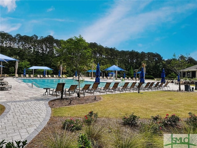 153 Fire Thorn Ln, Pooler, GA 31322 - pool featuring a yard and a patio