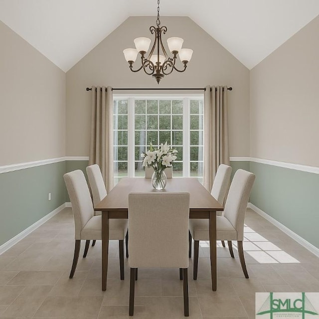 153 Fire Thorn Ln, Pooler, GA 31322 - dining area with light tile patterned floors, baseboards, lofted ceiling, and a notable chandelier