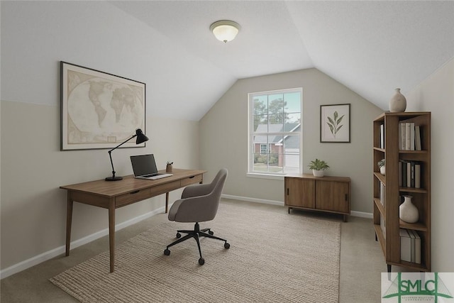 153 Fire Thorn Ln, Pooler, GA 31322 - office area featuring baseboards, carpet, and lofted ceiling