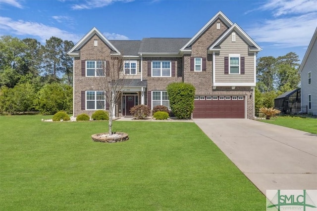 view of front of home featuring an attached garage, driveway, a front lawn, and brick siding