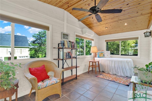 12 Carpenter Rd, Tybee Island, GA 31328 - bedroom with wood ceiling, lofted ceiling, tile patterned flooring, an AC wall unit, and wooden walls