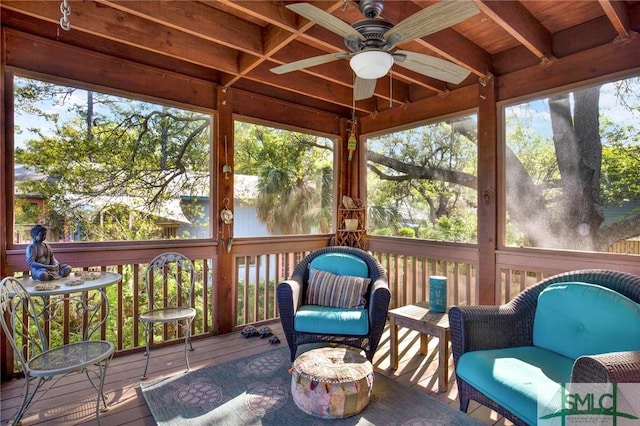 12 Carpenter Rd, Tybee Island, GA 31328 - sunroom / solarium with ceiling fan, healthy amount of natural light, and beamed ceiling