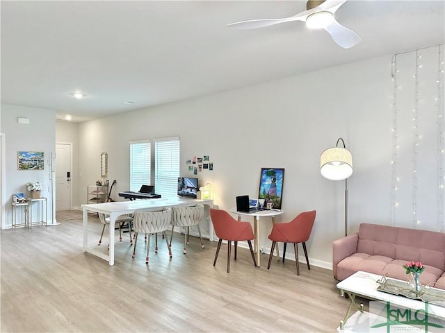 interior space featuring baseboards, ceiling fan, recessed lighting, and wood finished floors