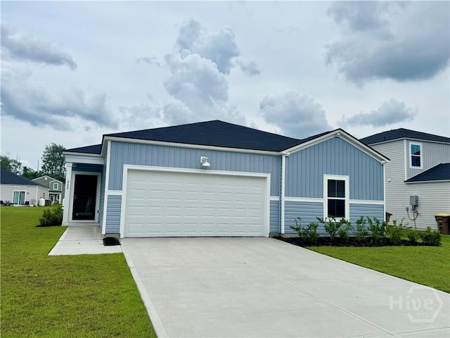 262 Lillian St, Rincon, GA 31326 - ranch-style house with an attached garage, concrete driveway, board and batten siding, and a front yard