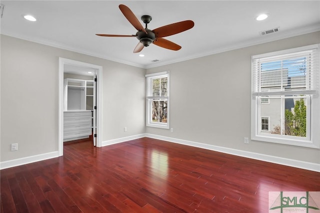 836 E Park Ave, Savannah, GA 31401 - unfurnished room with wood finished floors, baseboards, ceiling fan, ornamental molding, and recessed lighting