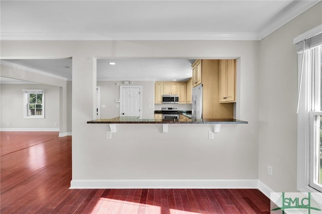 836 E Park Ave, Savannah, GA 31401 - kitchen featuring stainless steel appliances, dark wood-style flooring, baseboards, crown molding, and dark stone counters