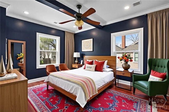836 E Park Ave, Savannah, GA 31401 - bedroom with crown molding, wood finished floors, recessed lighting, ceiling fan, and baseboards