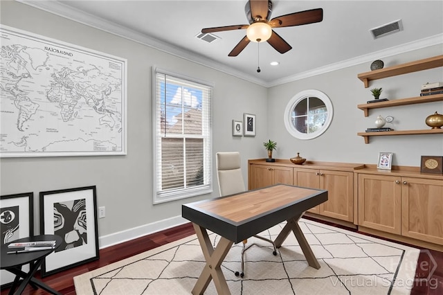 836 E Park Ave, Savannah, GA 31401 - office area featuring ornamental molding, light wood-style flooring, baseboards, a ceiling fan, and recessed lighting