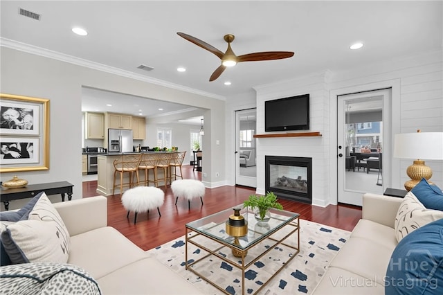 836 E Park Ave, Savannah, GA 31401 - living area with dark wood-style floors, ornamental molding, plenty of natural light, a ceiling fan, and a large fireplace
