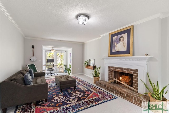 carpeted living room with baseboards, a fireplace, a textured ceiling, and crown molding