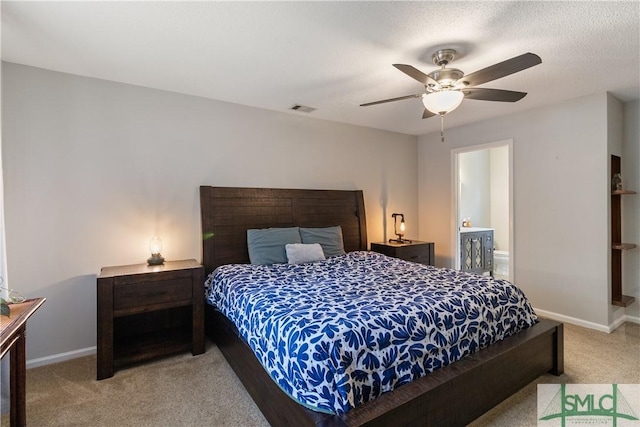bedroom with visible vents, baseboards, carpet flooring, and ceiling fan