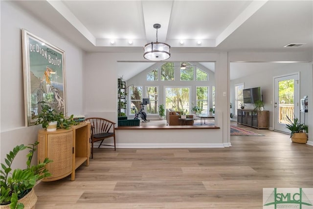 dining room with a tray ceiling, wood finished floors, and visible vents