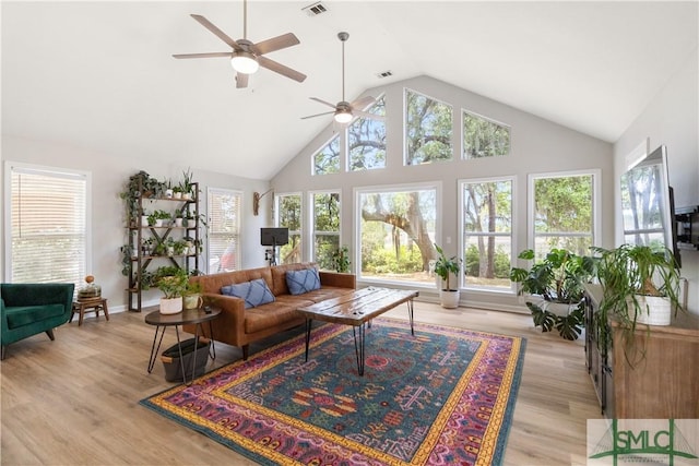 living area featuring a ceiling fan, visible vents, high vaulted ceiling, and light wood-style flooring
