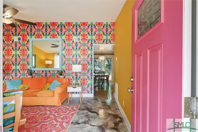 512 Winwood Pl, Savannah, GA 31419 - entrance foyer featuring wallpapered walls, a ceiling fan, baseboards, and marble finish flooring