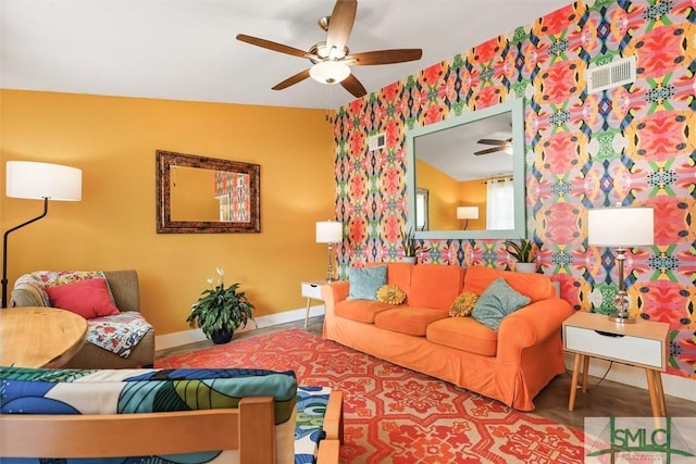 512 Winwood Pl, Savannah, GA 31419 - living area featuring ceiling fan, baseboards, and wallpapered walls