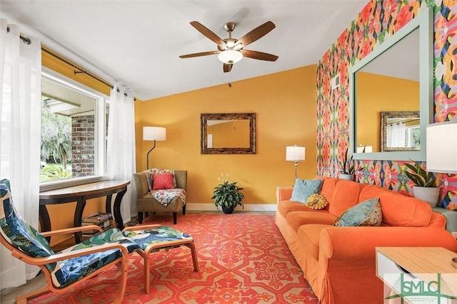 512 Winwood Pl, Savannah, GA 31419 - living room featuring lofted ceiling, ceiling fan, and baseboards