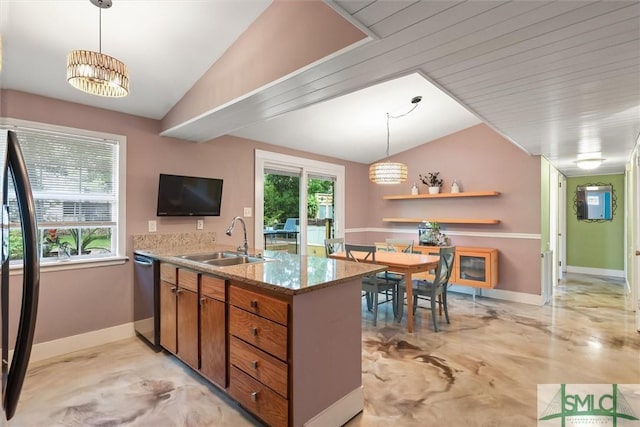 512 Winwood Pl, Savannah, GA 31419 - kitchen with a sink, stainless steel dishwasher, vaulted ceiling, a peninsula, and brown cabinetry