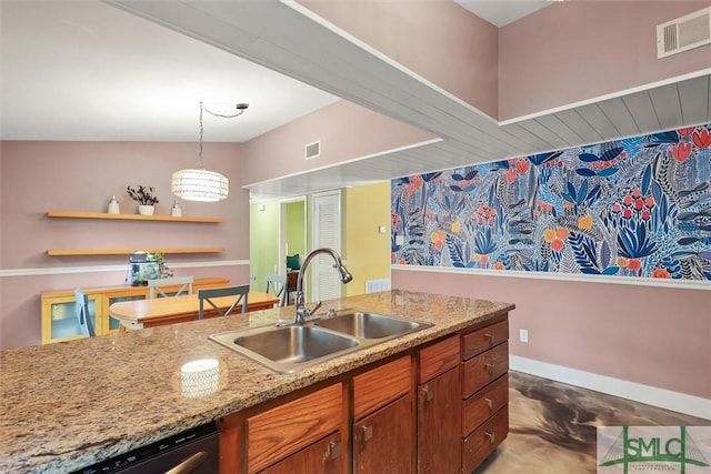 512 Winwood Pl, Savannah, GA 31419 - kitchen with a sink, dishwasher, pendant lighting, baseboards, and brown cabinets