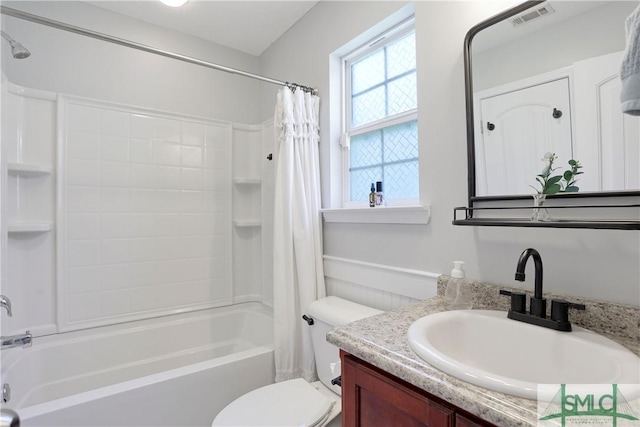 bathroom with toilet, vanity, visible vents, and shower / bathtub combination with curtain