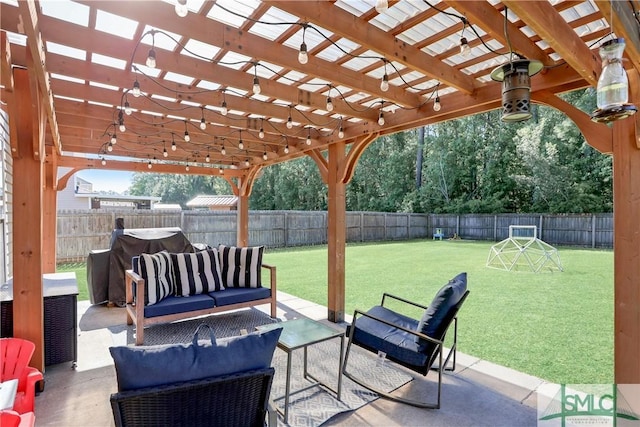view of patio featuring a fenced backyard, a pergola, an outdoor hangout area, and a grill