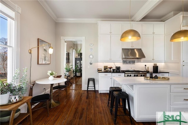 kitchen with white cabinets, under cabinet range hood, dark wood-type flooring, and crown molding