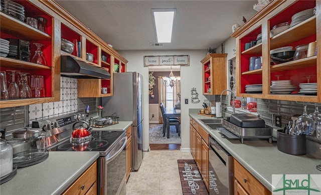 kitchen with backsplash, open shelves, appliances with stainless steel finishes, and under cabinet range hood