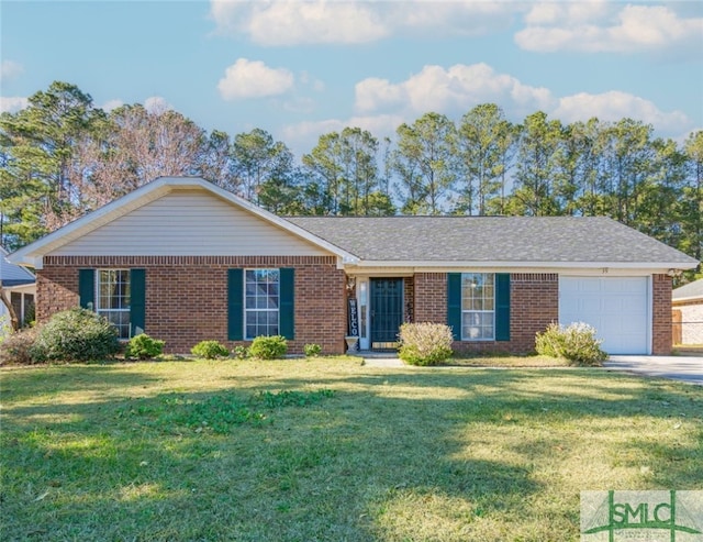 ranch-style house with brick siding, an attached garage, and a front lawn