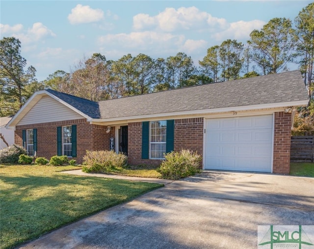 ranch-style house with a garage, driveway, a front lawn, and brick siding