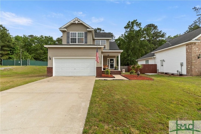 view of front of home featuring a front yard, an attached garage, concrete driveway, and fence