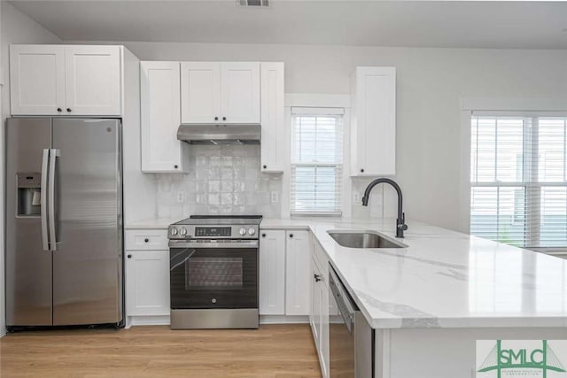1203 E Bolton St, Savannah, GA 31404 - kitchen featuring a sink, stainless steel appliances, white cabinetry, a peninsula, and under cabinet range hood