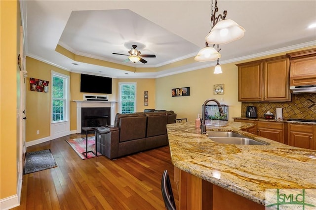 kitchen featuring a ceiling fan, a sink, brown cabinets, a tray ceiling, and dark wood-style floors