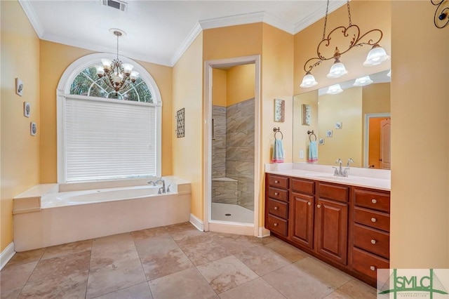 full bathroom featuring a bath, a chandelier, a shower stall, crown molding, and vanity