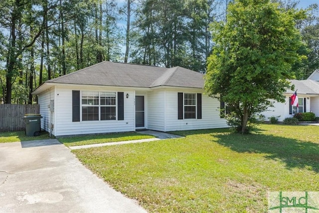 single story home with fence and a front lawn