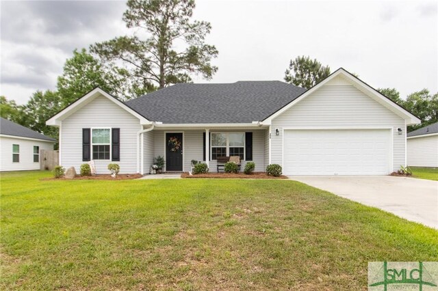 209 Bull St, Glennville, GA 30427 - ranch-style home with concrete driveway, roof with shingles, a front yard, and a garage