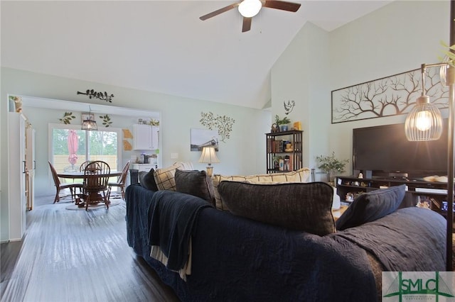 209 Bull St, Glennville, GA 30427 - living room featuring high vaulted ceiling, dark wood-type flooring, and ceiling fan