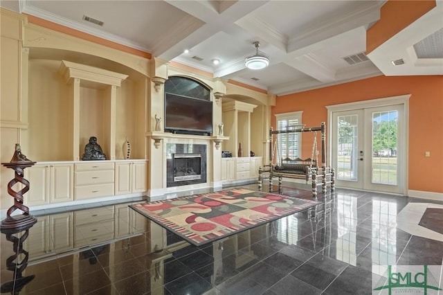 112 Manor Row, Pooler, GA 31322 - living room with baseboards, ornamental molding, beam ceiling, a premium fireplace, and granite floors