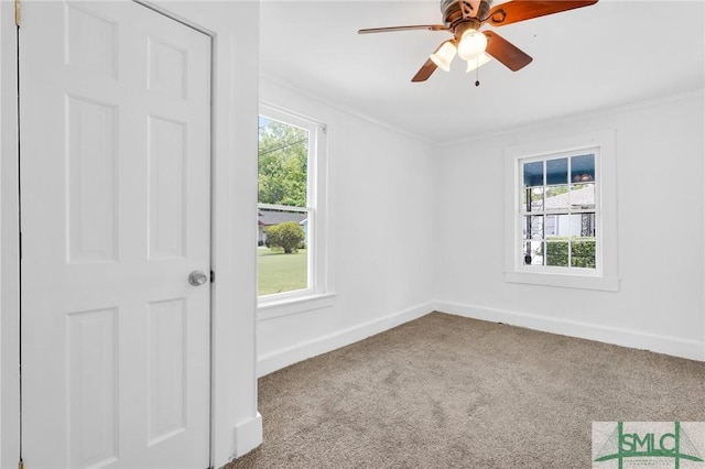 627 W 48th St, Savannah, GA 31405 - spare room with ceiling fan, baseboards, carpet floors, and ornamental molding