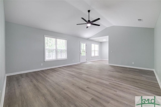 126 Four Oaks Ct, Rincon, GA 31326 - unfurnished living room featuring lofted ceiling, visible vents, baseboards, wood finished floors, and a ceiling fan
