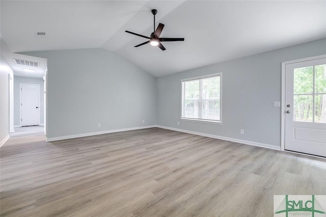 126 Four Oaks Ct, Rincon, GA 31326 - unfurnished living room featuring light wood finished floors, a ceiling fan, visible vents, vaulted ceiling, and baseboards