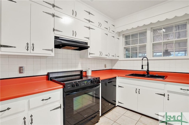 kitchen with decorative backsplash, under cabinet range hood, black appliances, a sink, and crown molding