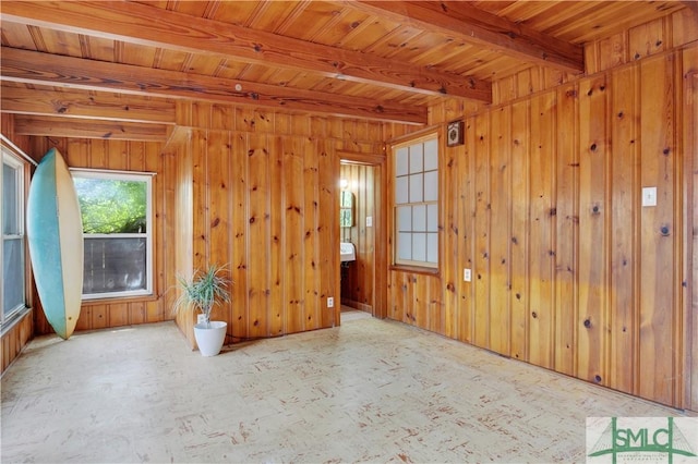 unfurnished room with wooden walls, beam ceiling, and wood ceiling