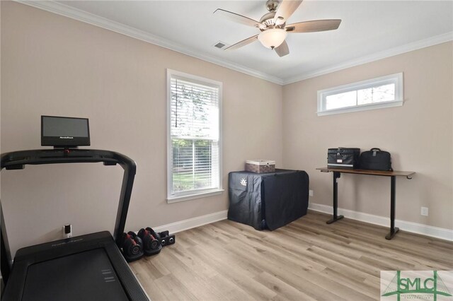 620 W 9th St, Rincon, GA 31326 - workout room with light wood-type flooring, plenty of natural light, visible vents, and crown molding
