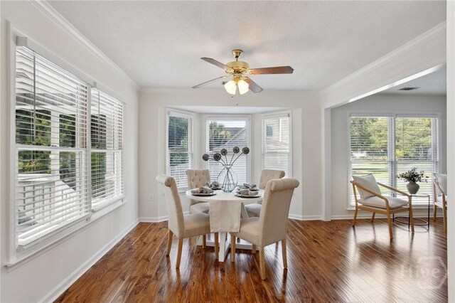 116 Rose Dhu Way, Savannah, GA 31419 - dining area with healthy amount of natural light, wood finished floors, ornamental molding, and a ceiling fan