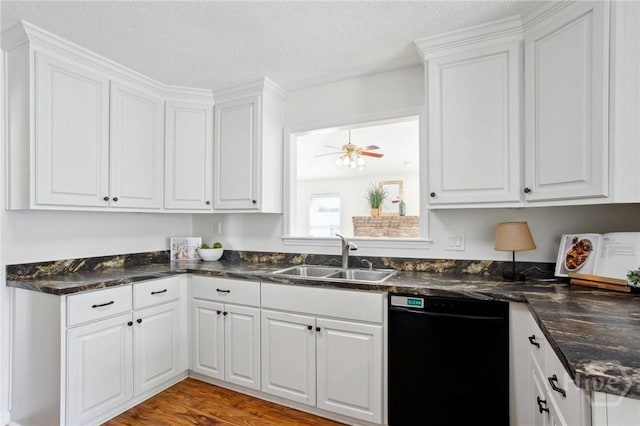 116 Rose Dhu Way, Savannah, GA 31419 - kitchen with black dishwasher, white cabinetry, a textured ceiling, wood finished floors, and ceiling fan