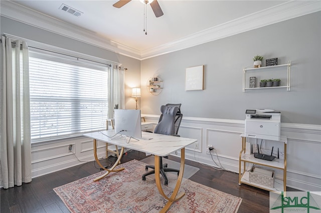 office featuring wood finished floors, ornamental molding, a wainscoted wall, visible vents, and a ceiling fan