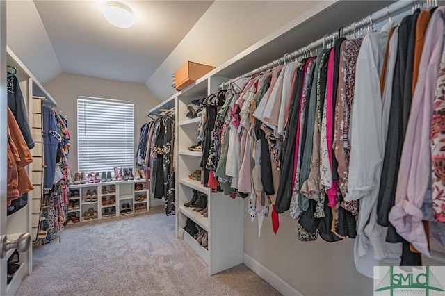 spacious closet with carpet floors and lofted ceiling