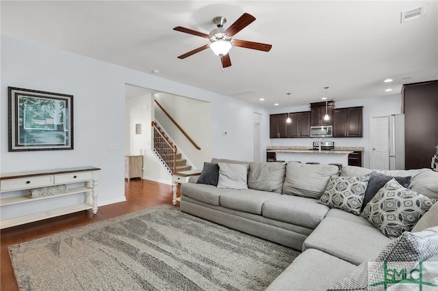 378 Southwilde Way, Pooler, GA 31322 - living area featuring a ceiling fan, recessed lighting, dark wood-style floors, and stairway