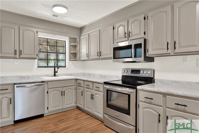 kitchen with a sink, light wood-type flooring, visible vents, a textured ceiling, and appliances with stainless steel finishes