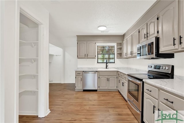 kitchen with open shelves, appliances with stainless steel finishes, light wood finished floors, a sink, and visible vents
